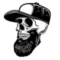 Illustration of bearded skull in baseball cap. Design element for logo, label, sign, poster.