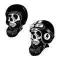 Illustration of bearded skull in racer helmet. Design element for logo, label, sign, poster.