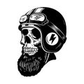 Illustration of bearded skull in racer helmet. Design element for logo, label, sign, poster.