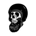 Illustration of bearded skull in racer helmet. Design element for logo, label, sign, poster.