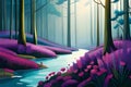 Illustration of a beautiful abstract landscape with trees, forest and mountains, blue and purple , generative ai Royalty Free Stock Photo