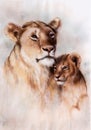 illustration, beautiful airbrush painting of a loving lion mother and her baby Royalty Free Stock Photo