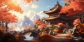 Illustration Beautiful autumn in the Chinese village. Generative AI