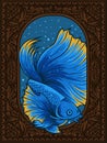Illustration Beautiful Betta Fish On Vintage Aquarium Frame