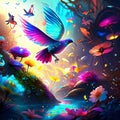 Illustration of a beautiful bird in a fantasy landscape with flowers. AI Generated Royalty Free Stock Photo