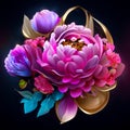 Illustration of a beautiful bouquet of peonies on a dark background Generative AI