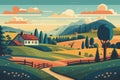 illustration of beautiful countryside landscape with fields, dawn, green hills, farm, houses, trees, bright color blue sky, Royalty Free Stock Photo