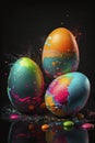 illustration, beautiful eggs for Easter paint splash on a dark background, ai generative