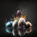 illustration, beautiful eggs for Easter paint splash on a dark background, ai generative