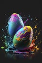 illustration, beautiful eggs for Easter paint splash on a dark background, ai generative