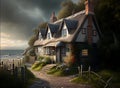 Illustration of beautiful English cottage by the seaside