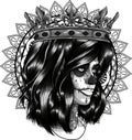 monochromatic illustration of beautiful face woman with crown