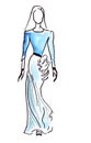 Illustration of a beautiful fashion women`s dress in skin tight top and a bottom of a lush blue