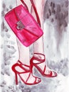 Illustration of beautiful female legs in pink shoes and a pink purse in her hand Royalty Free Stock Photo