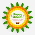 Illustration of a beautiful flower rounded rangoli with message to all wishing Happy Onam