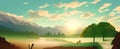 An illustration of a beautiful forest scene featuring strikingly tall mountains Royalty Free Stock Photo