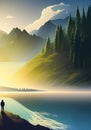 An illustration A beautiful Forest scene with a lake and big mountains Royalty Free Stock Photo