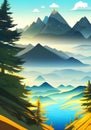 An illustration A beautiful Forest scene with a lake and Majestic mountains Royalty Free Stock Photo