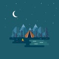 Illustration of beautiful forest scene. Night landscape in flat style. Background. Tent, mushrooms, trees, stones, campfire, mount Royalty Free Stock Photo