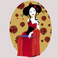 Illustration of a beautiful geisha in red dress. very gentle and passionate. Royalty Free Stock Photo