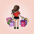 Illustration beautiful girl. Shopping. Purchases. Girl-student on vacation. Royalty Free Stock Photo