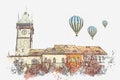 Illustration. Beautiful historic buildings with red tiles on the roof and the clock tower on square in Prague