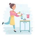 An illustration of a beautiful housewife holding cleaning spray