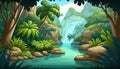 Illustration of a beautiful jungle with a waterfall on a white background