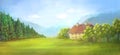 Illustration of a beautiful landscape with a house, forest and mountains. Bright saturated picture