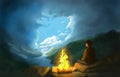Illustration of a beautiful landscape painting with dark clouds in front of a thunderstorm and a man sitting on a rock near the