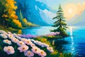 Illustration of a beautiful nature landscape with mountains, lake and flowers, abstract illustration, generative ai Royalty Free Stock Photo