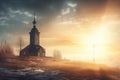 Beautiful Nordic church nestled in a serene and picturesque landscape at sunrise, with misty hills and mountains in the background