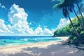 Illustration of beautiful ocean scene with sand beach, palm trees and blue sky Royalty Free Stock Photo