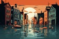 Illustration of a beautiful old town at sunset. Vector illustration, illustration of flood water disaster in city, AI Generated