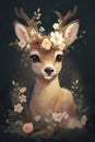 Illustration of a beautiful painting realistic fawn in a romantic flower wreath. Royalty Free Stock Photo