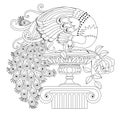 Illustration of beautiful peacock with rose and antique vase. Black and white page for kids coloring book.