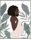 Illustration, a beautiful pregnant woman in a white dress on a background of tropical leaves. The concept of motherhood.