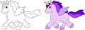 Illustration of a beautiful purple unicorn, black and white and colored, ideal for children`s coloring book