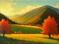 Illustration of Beautiful Scenery, Nature Artwork, Art Print, Pine Trees Mountains, Meadow Grass, Trees