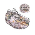 Illustration of Beautiful sneakers for a picture or poster. Shoe of hand drawn style with flower texture. Youth shoes