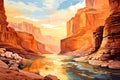 Illustration of a beautiful sunset over a river in the desert, Canyon with a river between the rocks at dawn time. Post-