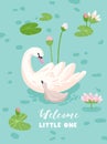 Illustration of Beautiful Swans with Water Lillies for Poster Print, Baby Greetings, Invitation, Children Store Flyer
