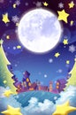 Illustration: The Beautiful Town in the Christmas Night! Wish Card Background.