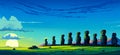 Illustration of the beautiful view of the huge statues on Easter Island, Chile