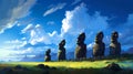 Illustration of the beautiful view of the huge statues on Easter Island, Chile