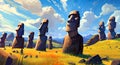 Illustration of the beautiful view of the huge statues on Easter Island, Chile Royalty Free Stock Photo