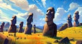 Illustration of the beautiful view of the huge statues on Easter Island, Chile