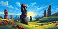 Illustration of the beautiful view of the huge statues on Easter Island, Chile Royalty Free Stock Photo