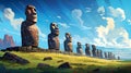 Illustration of the beautiful view of the huge statues on Easter Island, Chile
