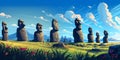 Illustration of the beautiful view of the huge statues on Easter Island, Chile